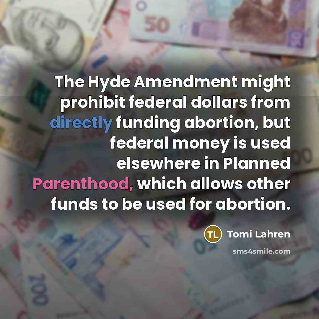 “The Hyde Amendment might prohibit federal dollars from directly funding abortion, but federal money is used elsewhere in Planned Parenthood, which allows other funds to be used for abortion.” quote by Tomi Lahren