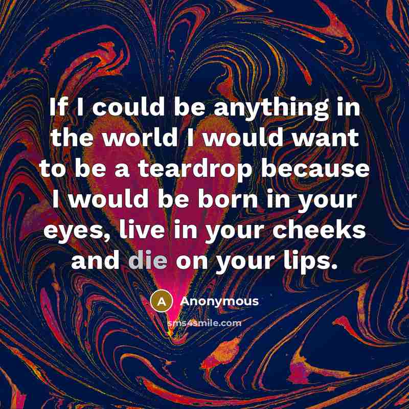 “If I could be anything in the world I would want to be a teardrop because I would be born in your eyes, live in your cheeks and die on your lips.” quote by Anonymous