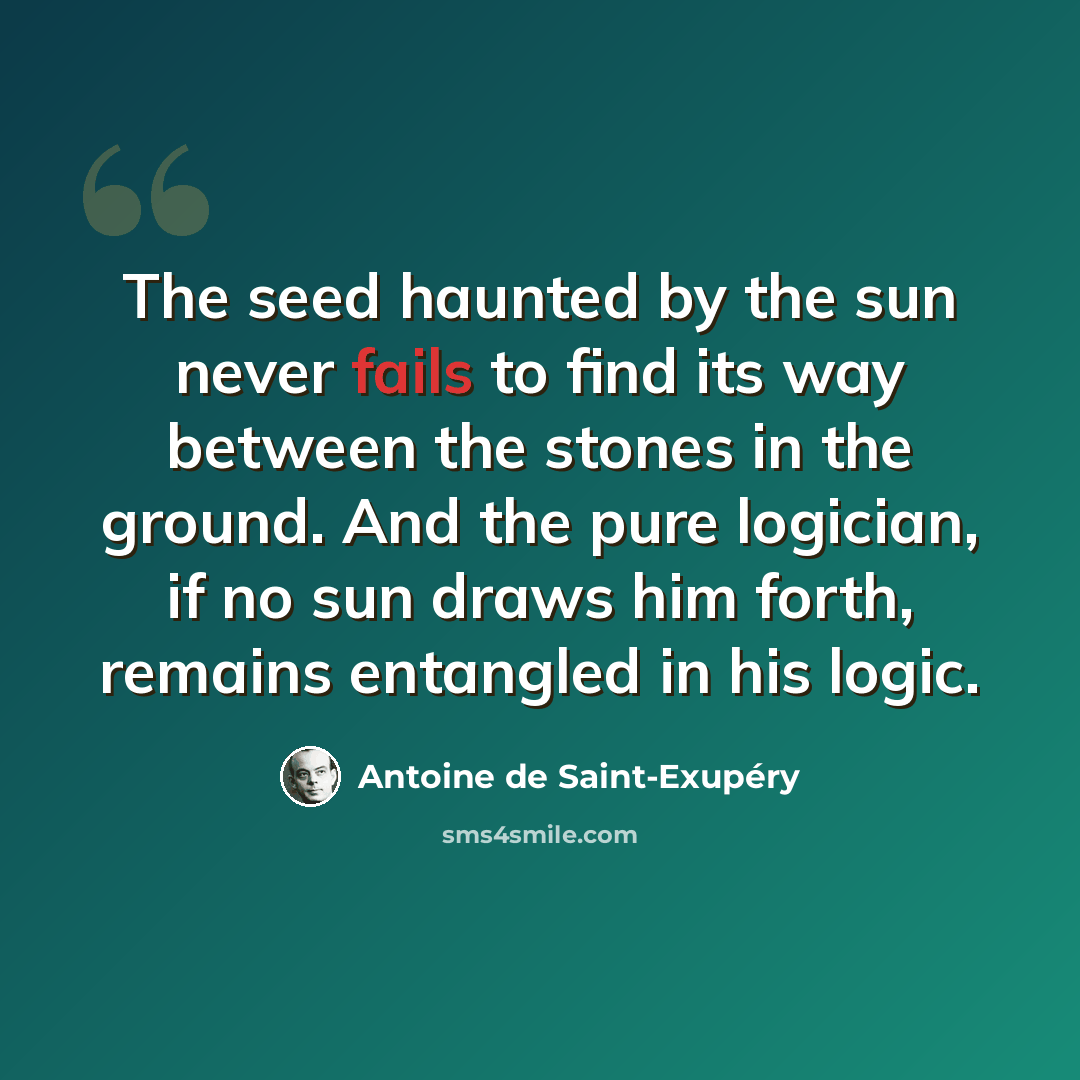 “The seed haunted by the sun never fails to find its way between the stones in the ground. And the pure logician, if no sun draws him forth, remains entangled in his logic.” quote by Antoine de Saint-Exupery