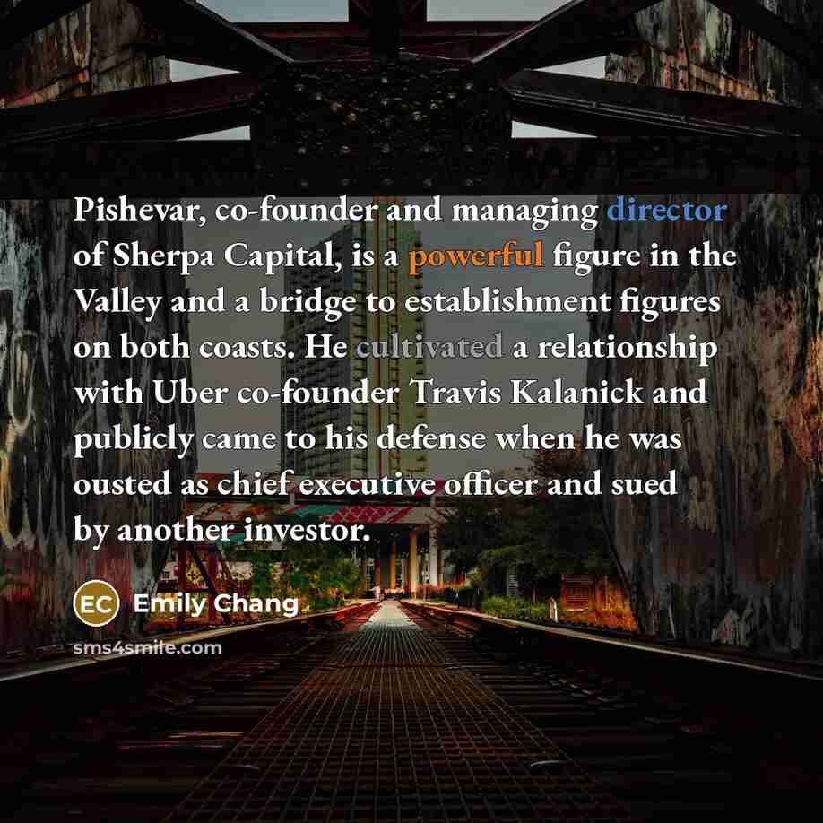 “Pishevar, co-founder and managing director of Sherpa Capital, is a powerful figure in the Valley and a bridge to establishment figures on both coasts. He cultivated a relationship with Uber co-founder Travis Kalanick and publicly came to his defense when he was ousted as chief executive officer…” quote by Emily Chang