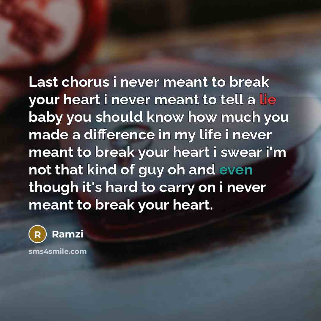 “Last chorus i never meant to break your heart i never meant to tell a lie baby you should know how much you made a difference in my life i never meant to break your heart i swear i'm not that kind of guy oh and even though it's hard to carry on i never meant to break your heart.” quote by Ramzi