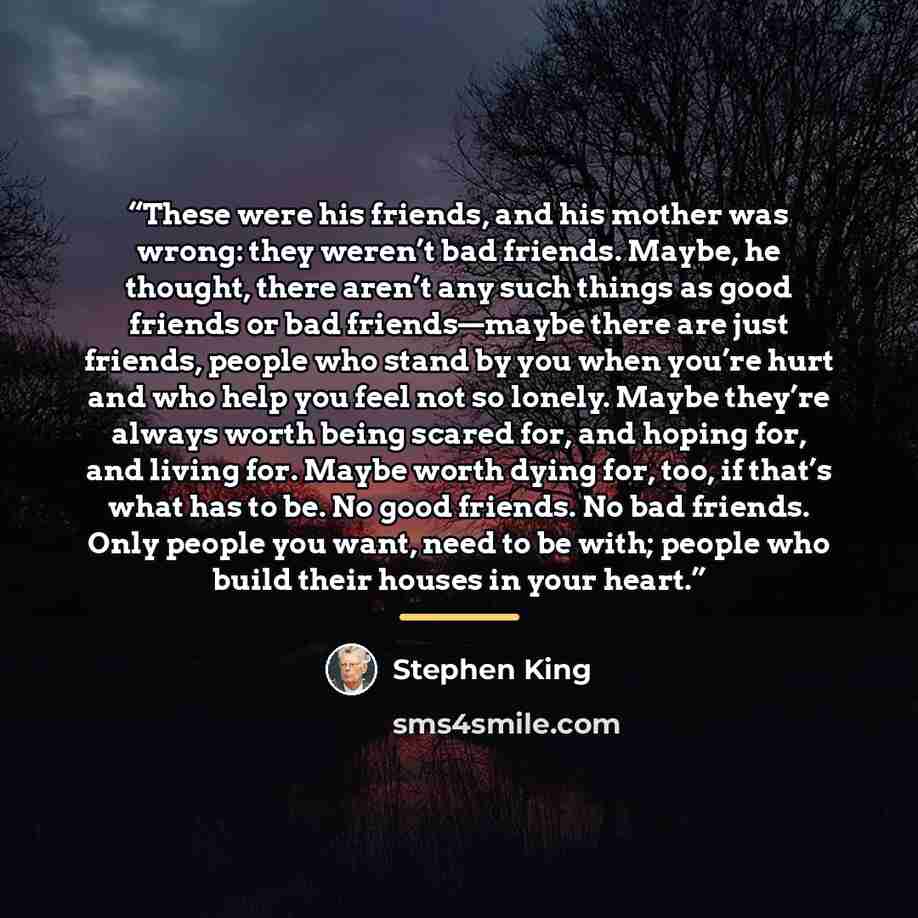 “These were his friends, and his mother was wrong: they weren’t bad friends. Maybe, he thought, there aren’t any such things as good friends or bad friends—maybe there are just friends, people who stand by you when you’re hurt and who help you feel not so lonely. Maybe they’re always worth being…” quote by Stephen King