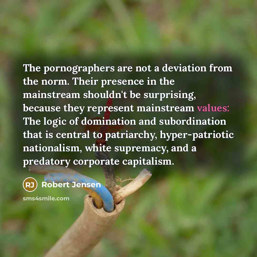 “The pornographers are not a deviation from the norm. Their presence in the mainstream shouldn't be surprising, because they represent mainstream values: The logic of domination and subordination that is central to patriarchy, hyper-patriotic nationalism, white supremacy, and a predatory corporate…” quote by Robert Jensen