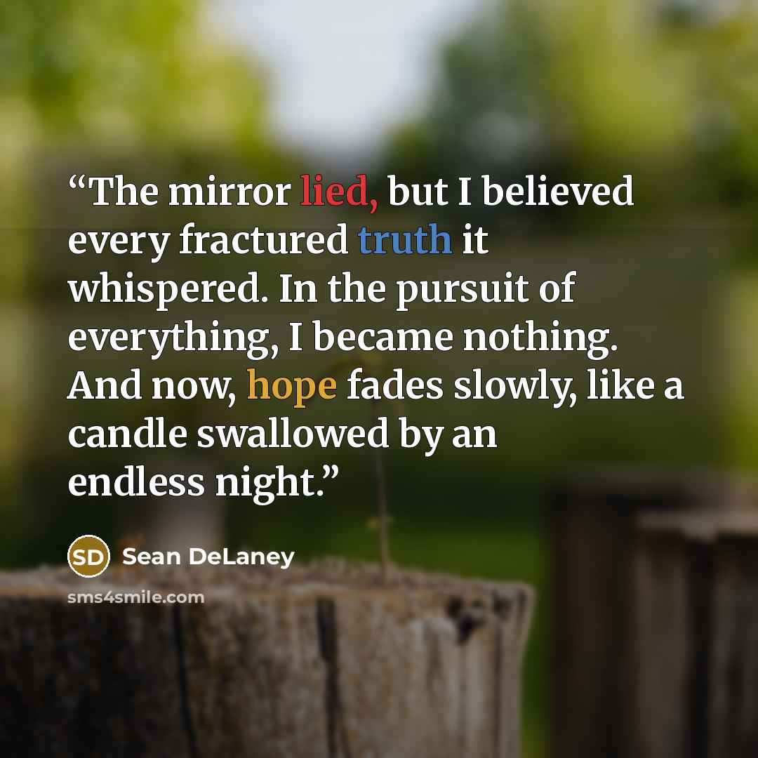 “The mirror lied, but I believed every fractured truth it whispered. In the pursuit of everything, I became nothing. And now, hope fades slowly, like a candle swallowed by an endless night.” quote by Sean DeLaney