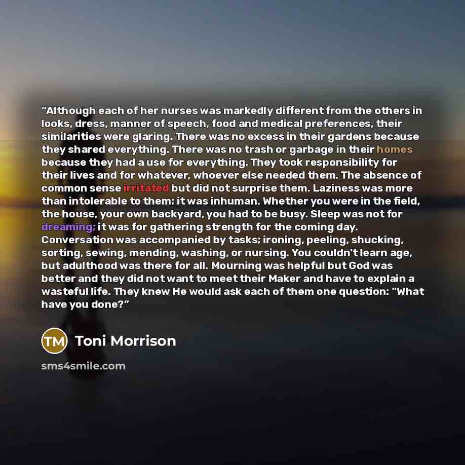 “Although each of her nurses was markedly different from the others in looks, dress, manner of speech, food and medical preferences, their similarities were glaring. There was no excess in their gardens because they shared everything. There was no trash or garbage in their homes because they had a…” quote by Toni Morrison