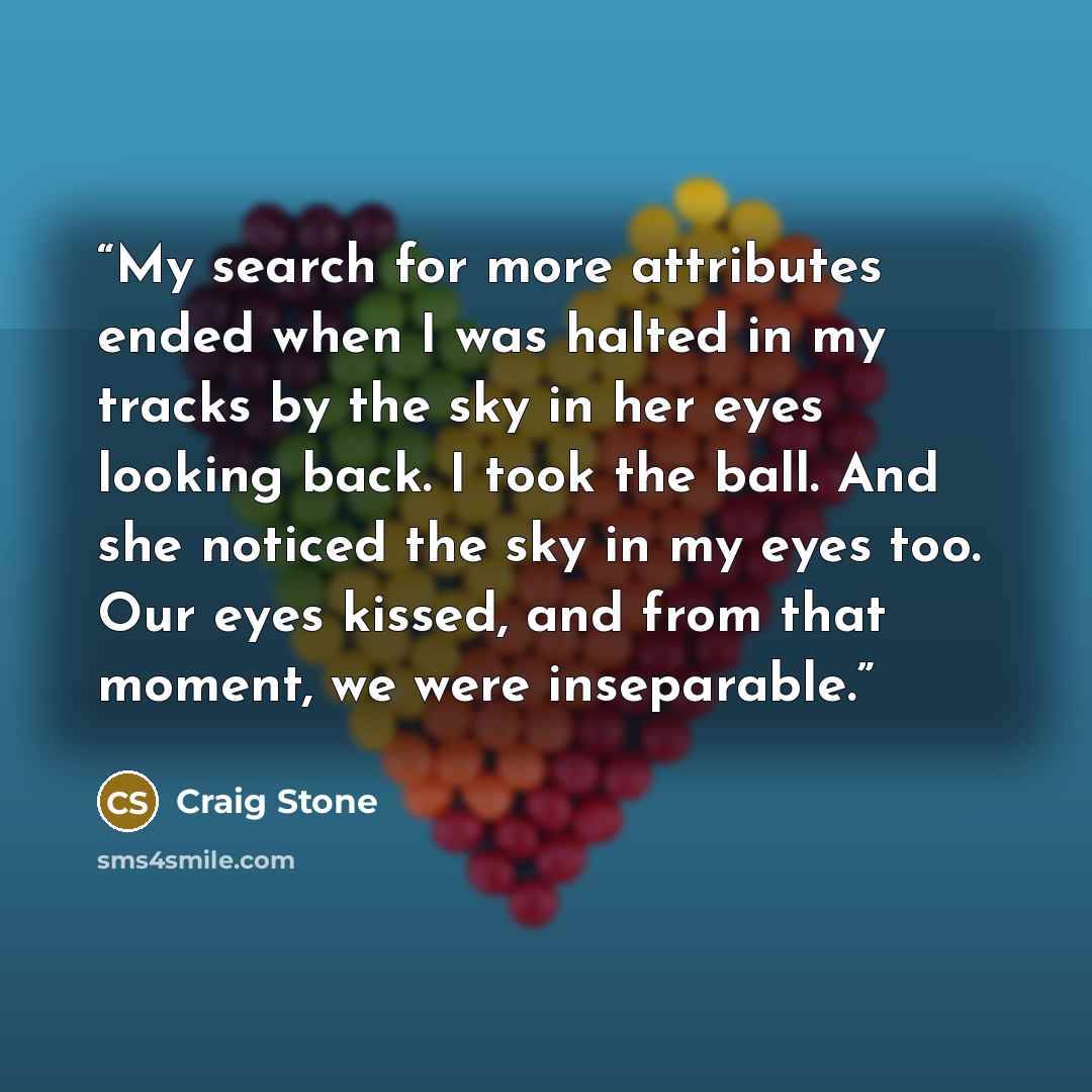 “My search for more attributes ended when I was halted in my tracks by the sky in her eyes looking back. I took the ball. And she noticed the sky in my eyes too. Our eyes kissed, and from that moment, we were inseparable.” quote by Craig Stone