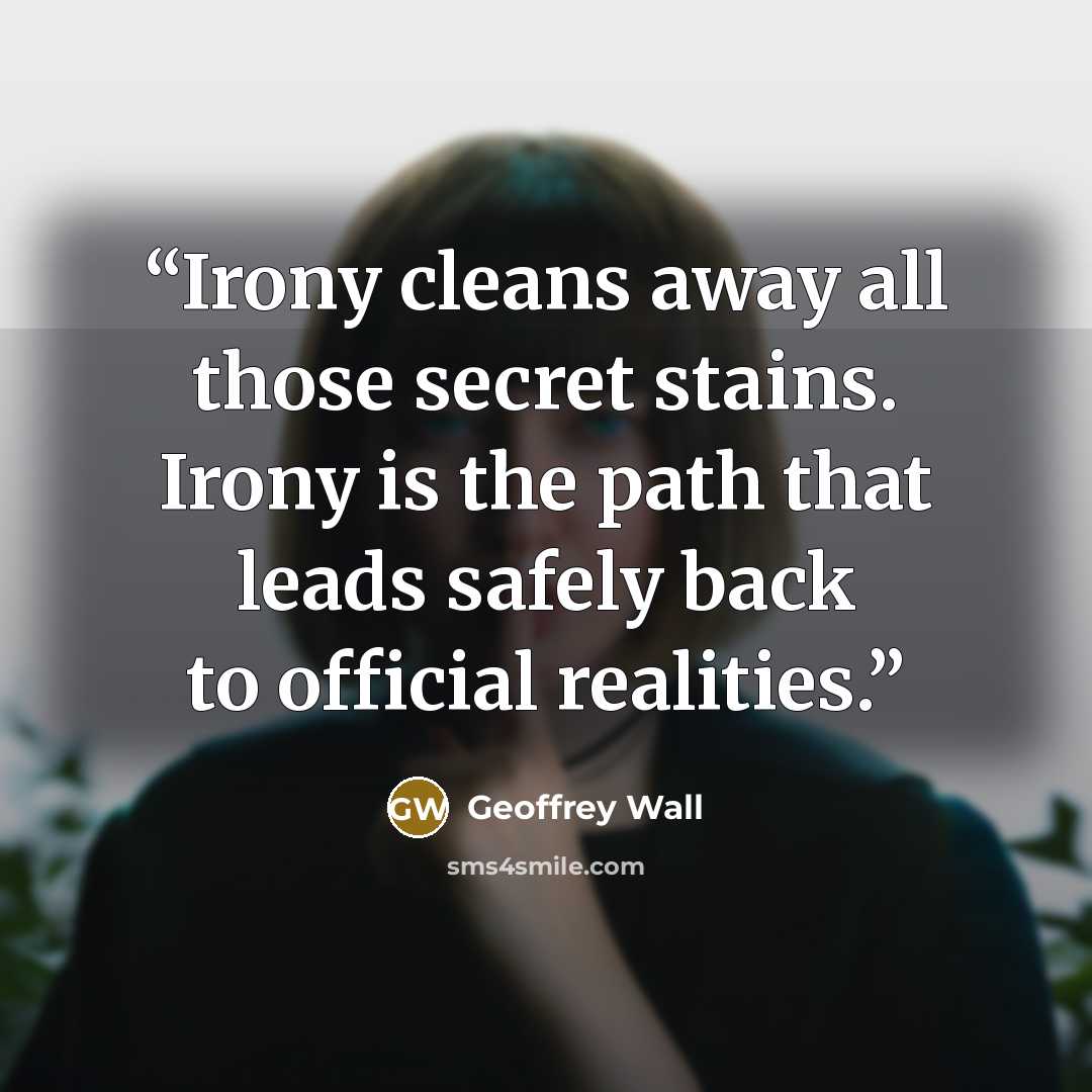 “Irony cleans away all those secret stains. Irony is the path that leads safely back to official realities.” quote by Geoffrey Wall