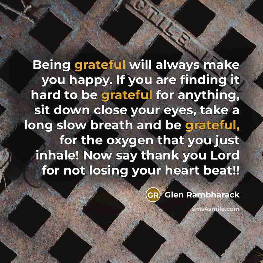 “Being grateful will always make you happy. If you are finding it hard to be grateful for anything, sit down close your eyes, take a long slow breath and be grateful, for the oxygen that you just inhale! Now say thank you Lord for not losing your heart beat!!” quote by Glen Rambharack