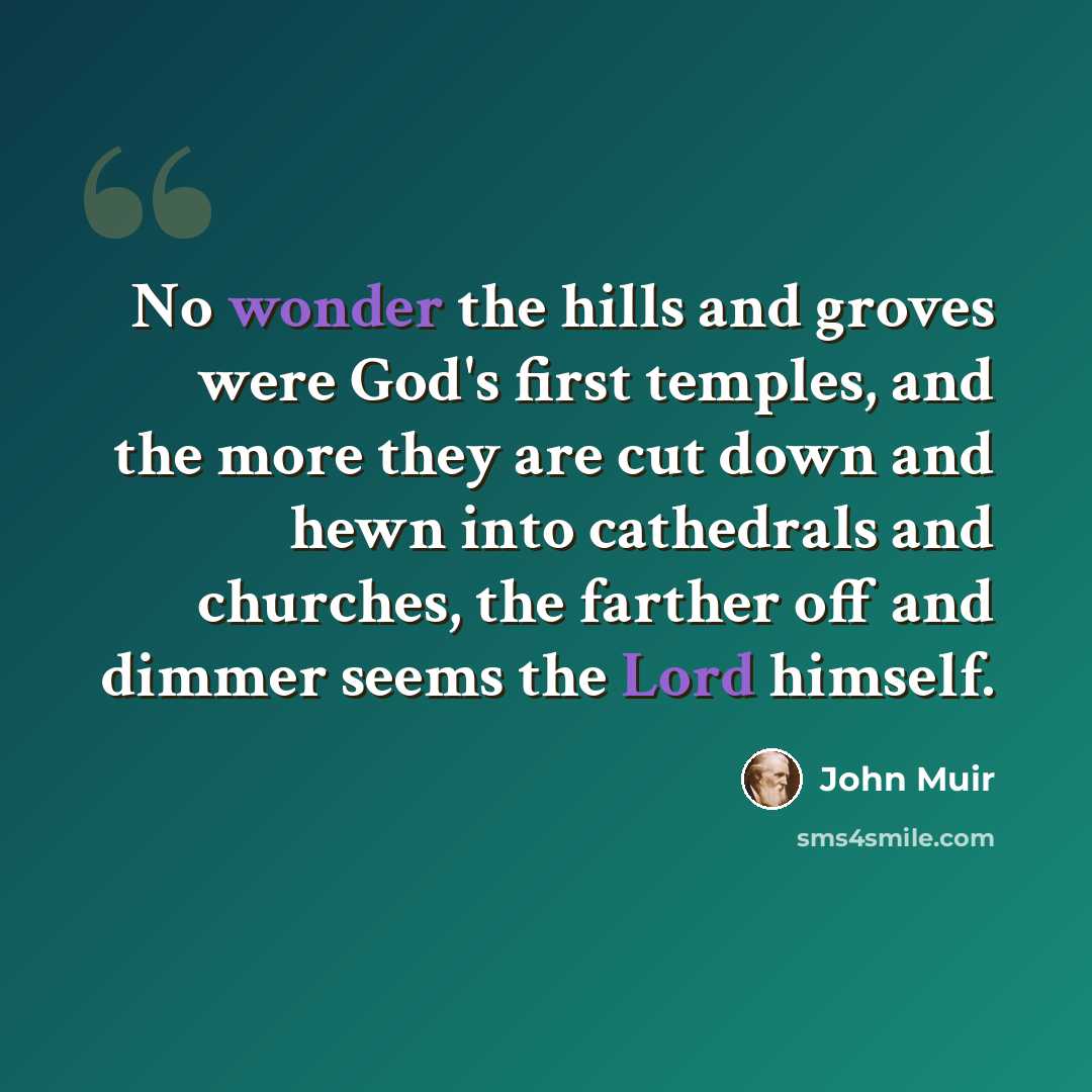 “No wonder the hills and groves were God's first temples, and the more they are cut down and hewn into cathedrals and churches, the farther off and dimmer seems the Lord himself.” quote by John Muir