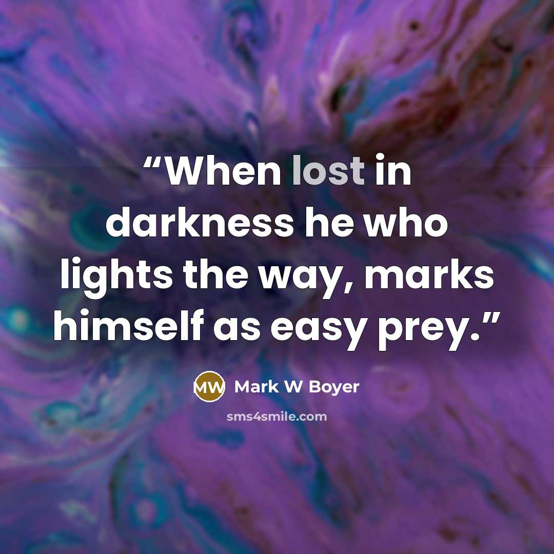 “When lost in darkness he who lights the way, marks himself as easy prey.” quote by Mark W Boyer
