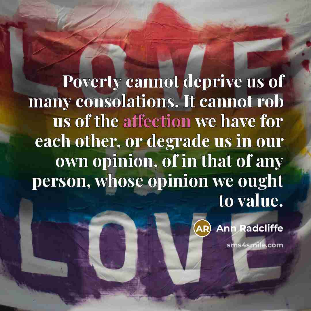 “Poverty cannot deprive us of many consolations. It cannot rob us of the affection we have for each other, or degrade us in our own opinion, of in that of any person, whose opinion we ought to value.” quote by Ann Radcliffe