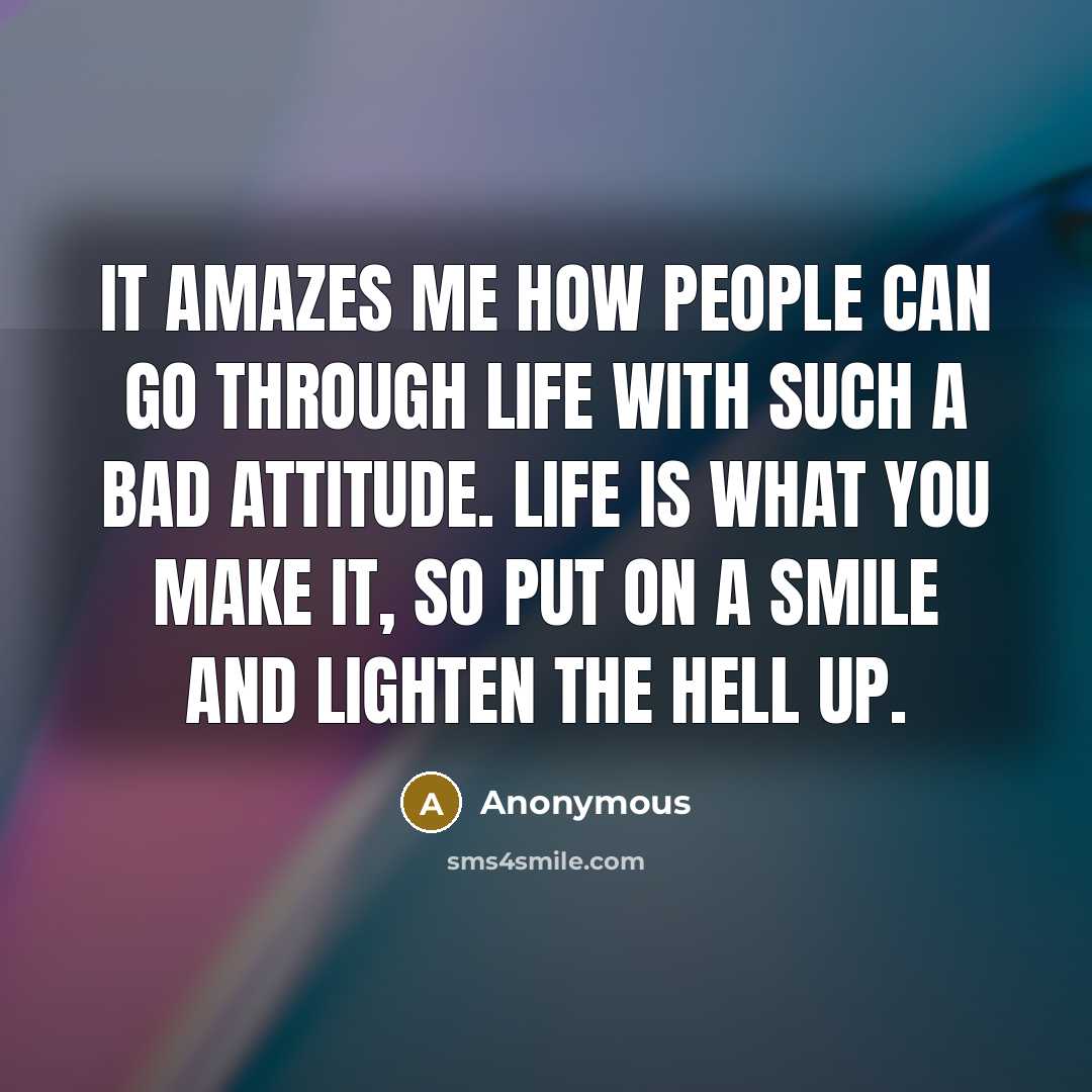 “It amazes me how people can go through life with such a bad attitude. Life is what you make it, so put on a smile and lighten the hell up.” quote by Anonymous