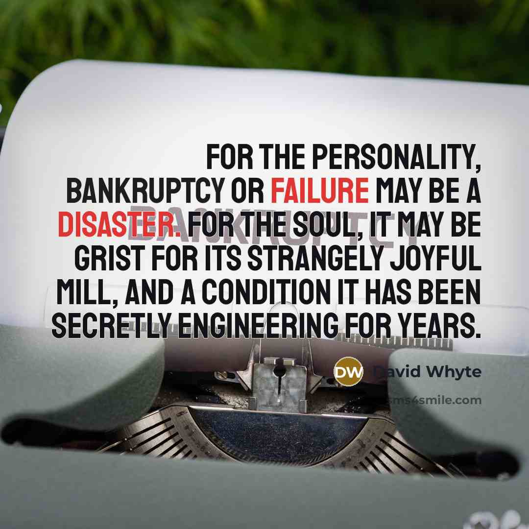 “For the personality, bankruptcy or failure may be a disaster. For the soul, it may be grist for its strangely joyful mill, and a condition it has been secretly engineering for years.” quote by David Whyte