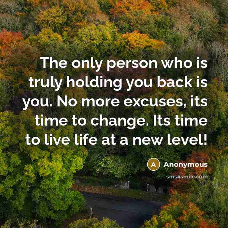 “The only person who is truly holding you back is you. No more excuses, its time to change. Its time to live life at a new level!” quote by Anonymous
