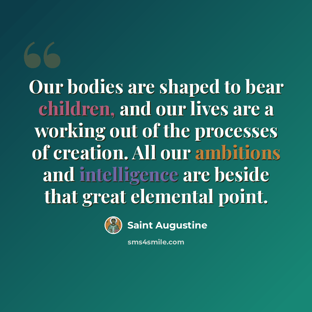 “Our bodies are shaped to bear children, and our lives are a working out of the processes of creation. All our ambitions and intelligence are beside that great elemental point.” quote by Saint Augustine