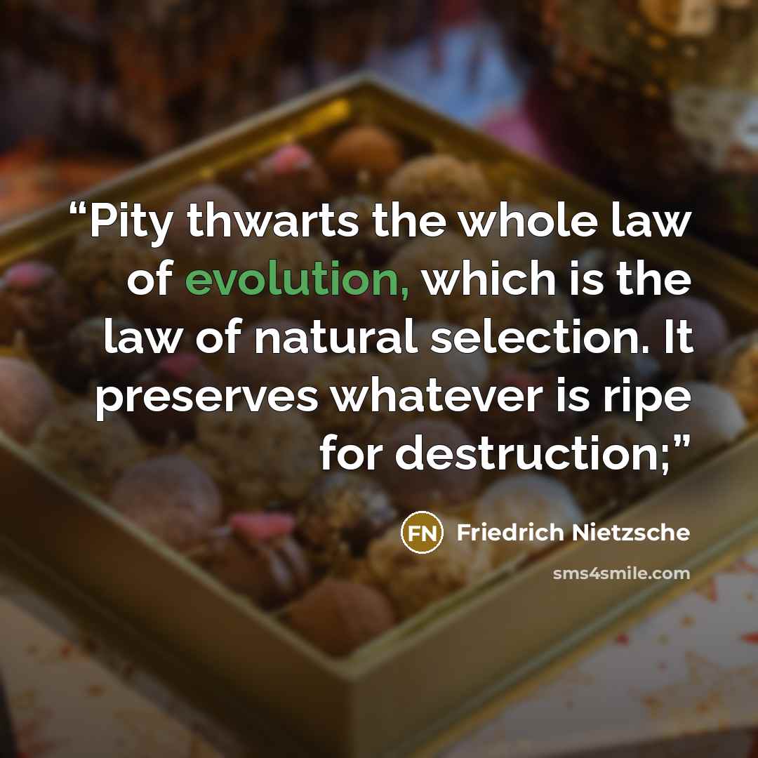 “Pity thwarts the whole law of evolution, which is the law of natural selection. It preserves whatever is ripe for destruction;” quote by Friedrich Nietzsche