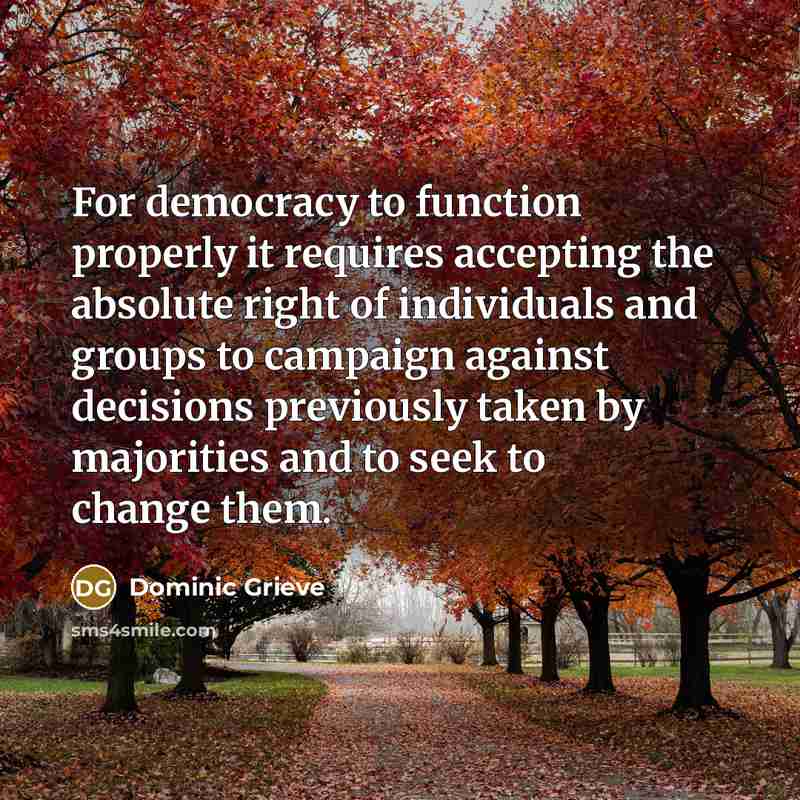 “For democracy to function properly it requires accepting the absolute right of individuals and groups to campaign against decisions previously taken by majorities and to seek to change them.” quote by Dominic Grieve