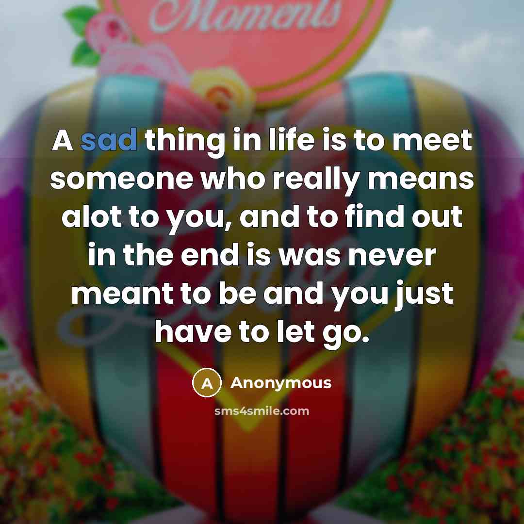 “A sad thing in life is to meet someone who really means alot to you, and to find out in the end is was never meant to be and you just have to let go.” quote by Anonymous