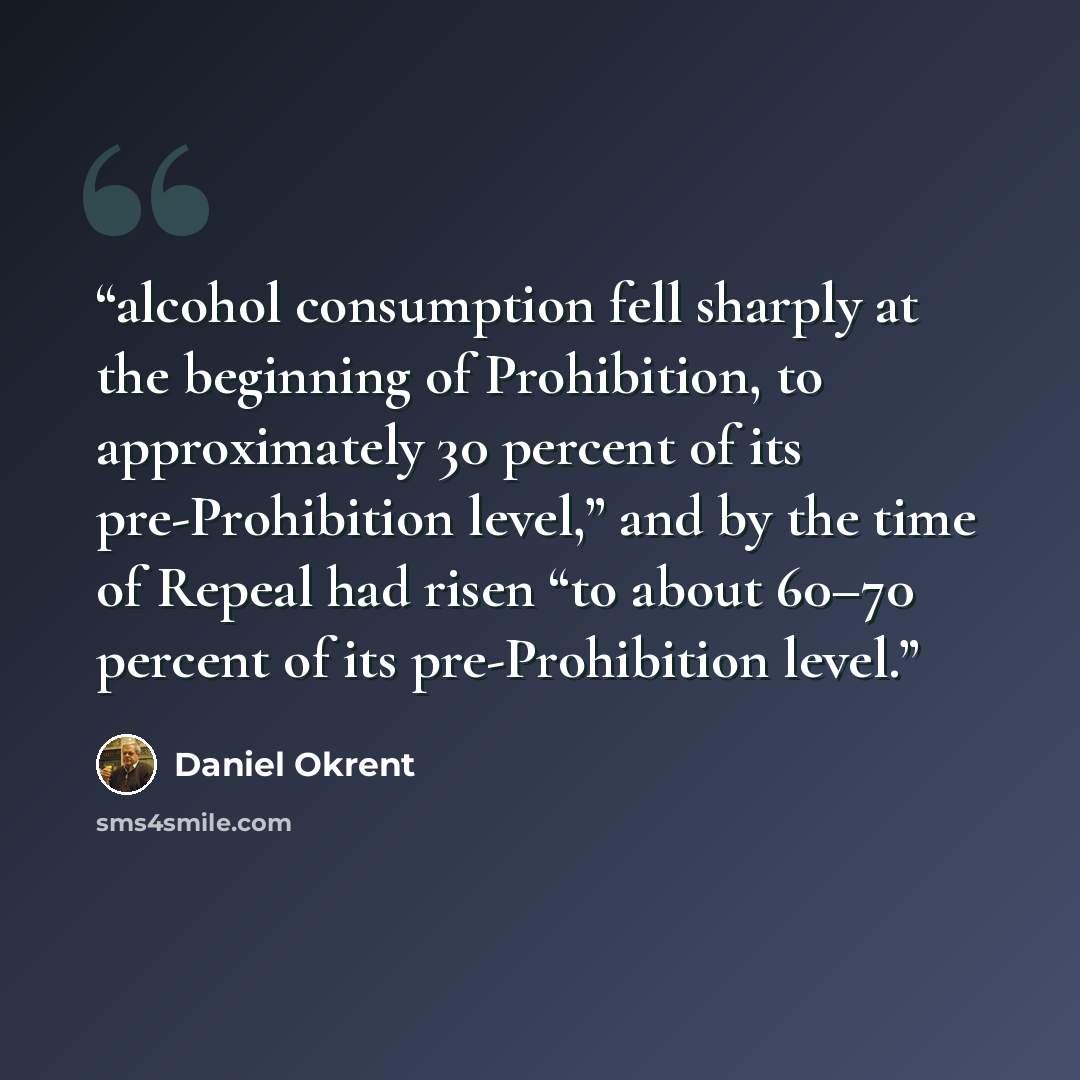 “alcohol consumption fell sharply at the beginning of Prohibition, to approximately 30 percent of its pre-Prohibition level,” and by the time of Repeal had risen “to about 60–70 percent of its pre-Prohibition level.” quote by Daniel Okrent