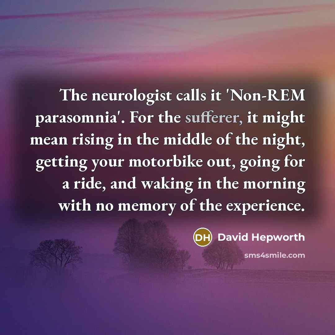 “The neurologist calls it 'Non-REM parasomnia'. For the sufferer, it might mean rising in the middle of the night, getting your motorbike out, going for a ride, and waking in the morning with no memory of the experience.” quote by David Hepworth
