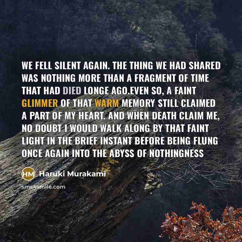 “We fell silent again. The thing we had shared was nothing more than a fragment of time that had died longe ago.Even so, a faint glimmer of that warm memory still claimed a part of my heart. And when death claim me, no doubt I would walk along by that faint light in the brief instant before being…” quote by Haruki Murakami