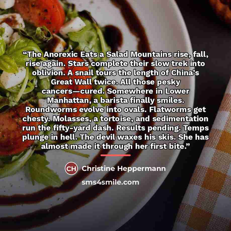 “The Anorexic Eats a Salad Mountains rise, fall, rise again. Stars complete their slow trek into oblivion. A snail tours the length of China’s Great Wall twice. All those pesky cancers—cured. Somewhere in Lower Manhattan, a barista finally smiles. Roundworms evolve into ovals. Flatworms get chesty…” quote by Christine Heppermann