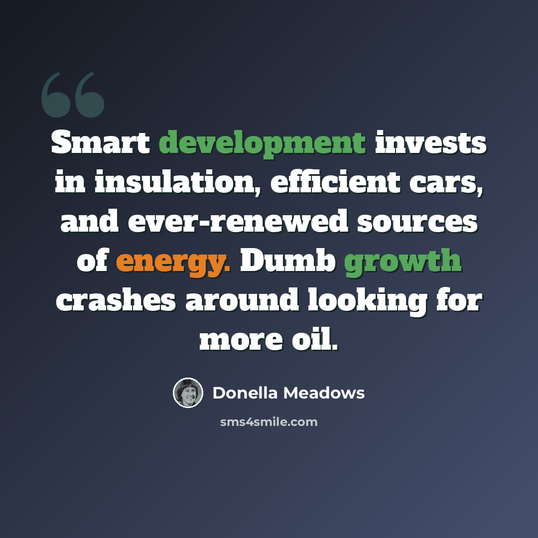 “Smart development invests in insulation, efficient cars, and ever-renewed sources of energy. Dumb growth crashes around looking for more oil.” quote by Donella Meadows