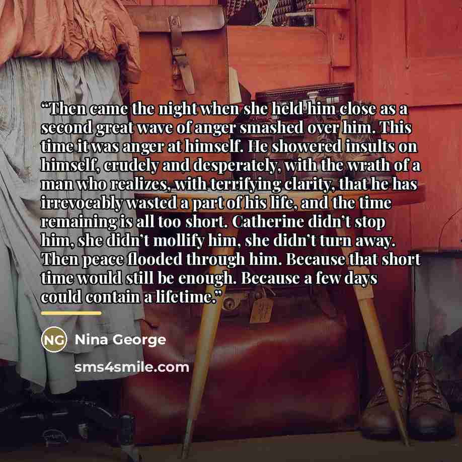 “Then came the night when she held him close as a second great wave of anger smashed over him. This time it was anger at himself. He showered insults on himself, crudely and desperately, with the wrath of a man who realizes, with terrifying clarity, that he has irrevocably wasted a part of his…” quote by Nina George