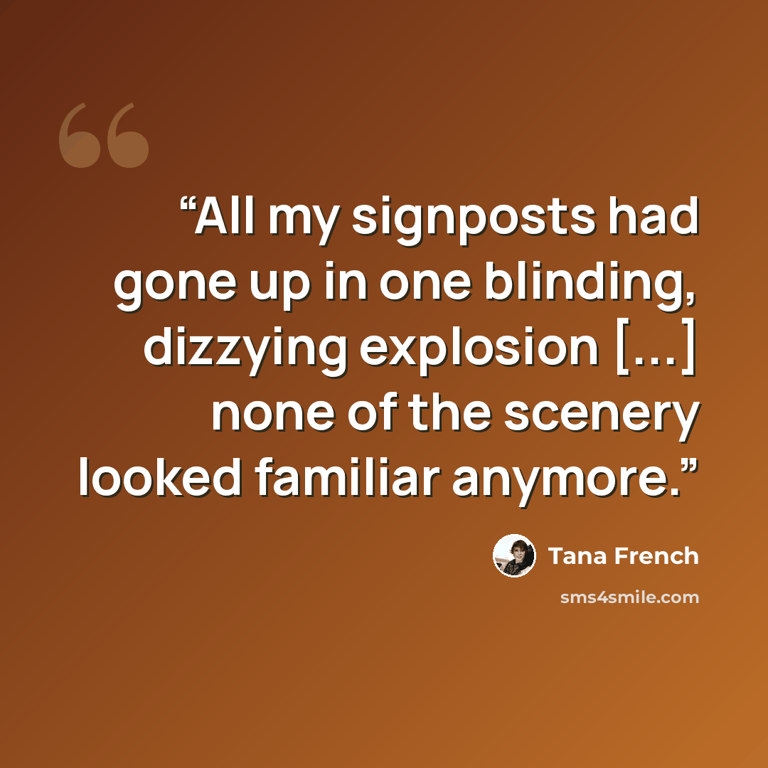 “All my signposts had gone up in one blinding, dizzying explosion [...] none of the scenery looked familiar anymore.” quote by Tana French
