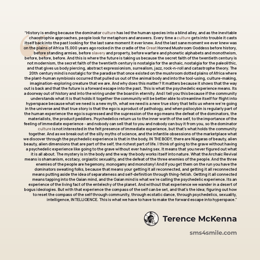 “History is ending because the dominator culture has led the human species into a blind alley, and as the inevitable chaostrophie approaches, people look for metaphors and answers. Every time a culture gets into trouble it casts itself back into the past looking for the last sane moment it ever…” quote by Terence McKenna