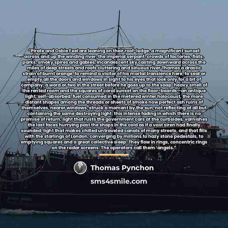 “Pirate and Osbie Feel are leaning on their roof-ledge, a magnificent sunset across and up the winding river, the imperial serpant, crowds of factories, flats, parks, smoky spires and gables, incandescent sky casting downward across the miles of deep streets and roofs cluttering and sinuous river…” quote by Thomas Pynchon