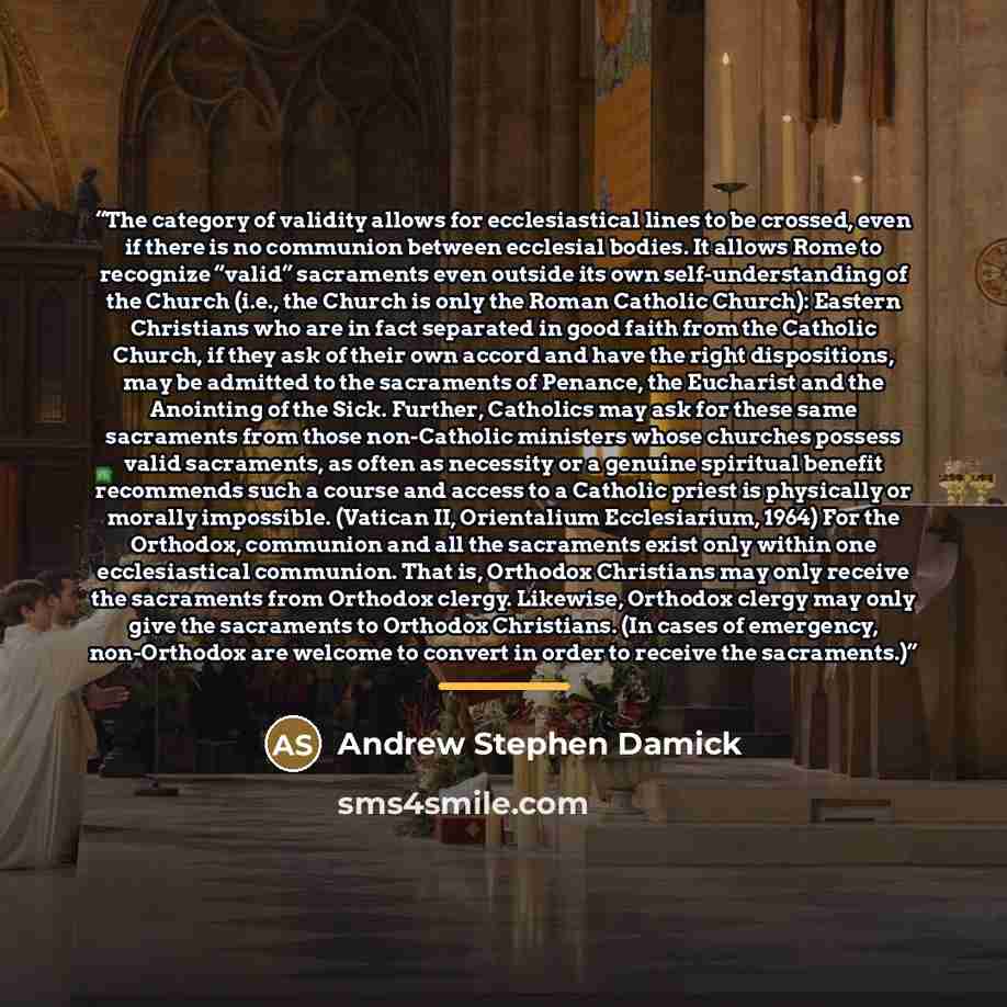 “The category of validity allows for ecclesiastical lines to be crossed, even if there is no communion between ecclesial bodies. It allows Rome to recognize “valid” sacraments even outside its own self-understanding of the Church (i.e., the Church is only the Roman Catholic Church): Eastern…” quote by Andrew Stephen Damick