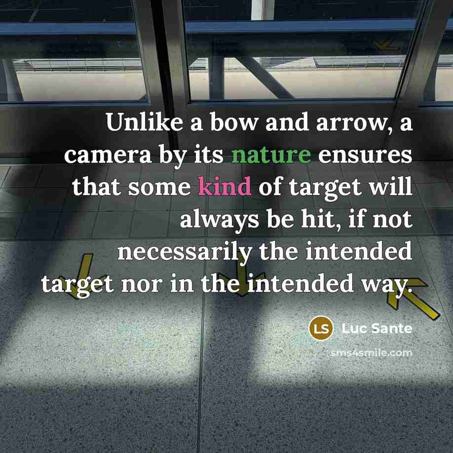 “Unlike a bow and arrow, a camera by its nature ensures that some kind of target will always be hit, if not necessarily the intended target nor in the intended way.” quote by Luc Sante