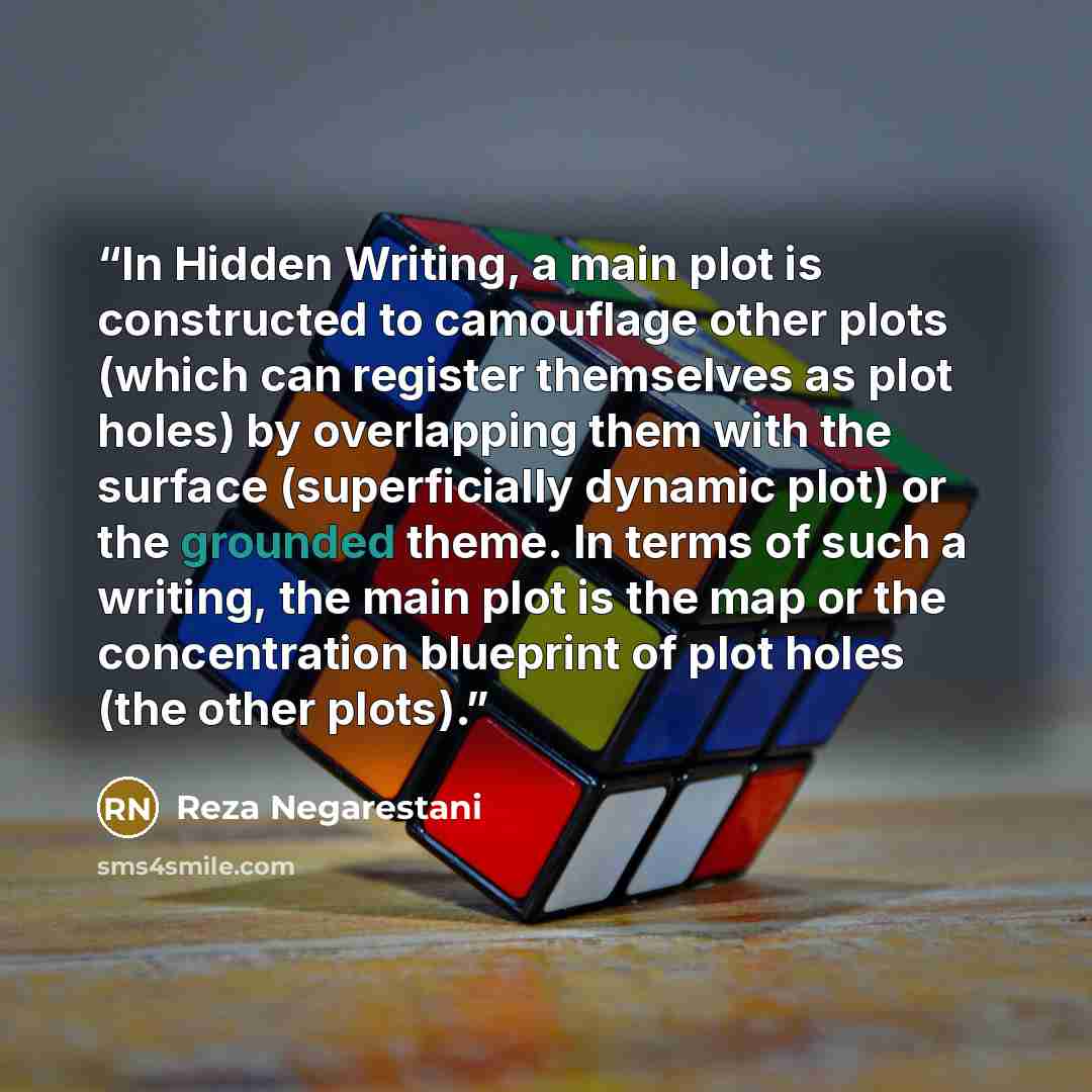 “In Hidden Writing, a main plot is constructed to camouflage other plots (which can register themselves as plot holes) by overlapping them with the surface (superficially dynamic plot) or the grounded theme. In terms of such a writing, the main plot is the map or the concentration blueprint of plot…” quote by Reza Negarestani