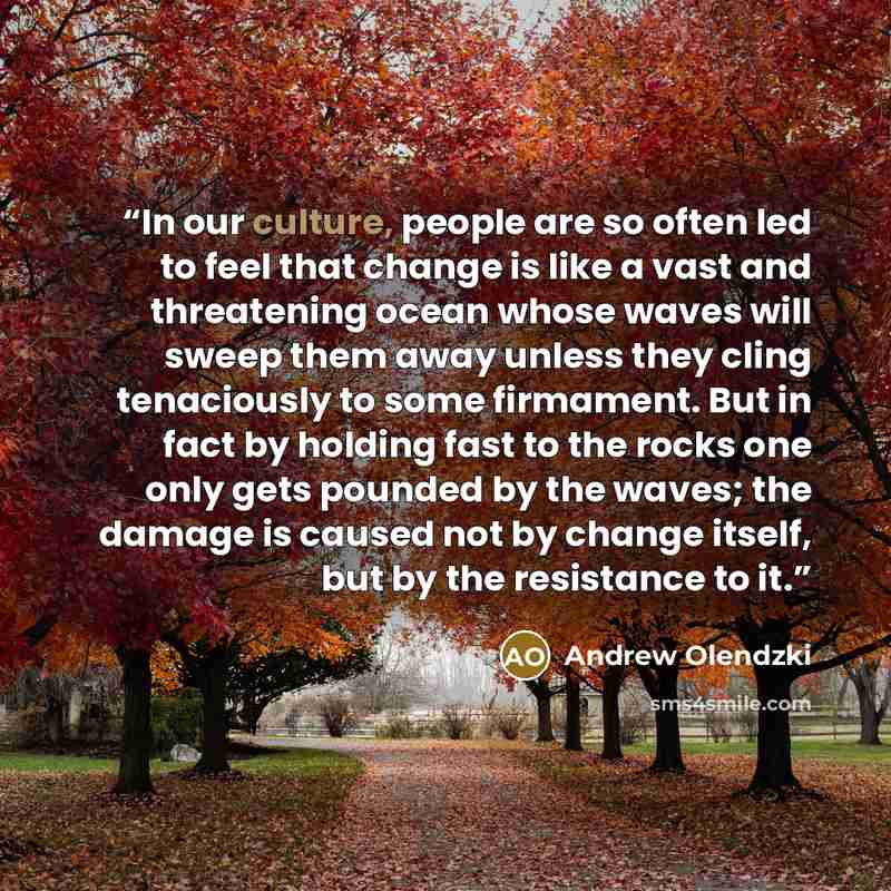 “In our culture, people are so often led to feel that change is like a vast and threatening ocean whose waves will sweep them away unless they cling tenaciously to some firmament. But in fact by holding fast to the rocks one only gets pounded by the waves; the damage is caused not by change itself…” quote by Andrew Olendzki