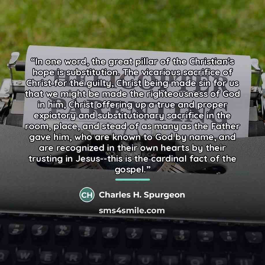 “In one word, the great pillar of the Christian's hope is substitution. The vicarious sacrifice of Christ for the guilty, Christ being made sin for us that we might be made the righteousness of God in him, Christ offering up a true and proper expiatory and substitutionary sacrifice in the room…” quote by Charles H. Spurgeon