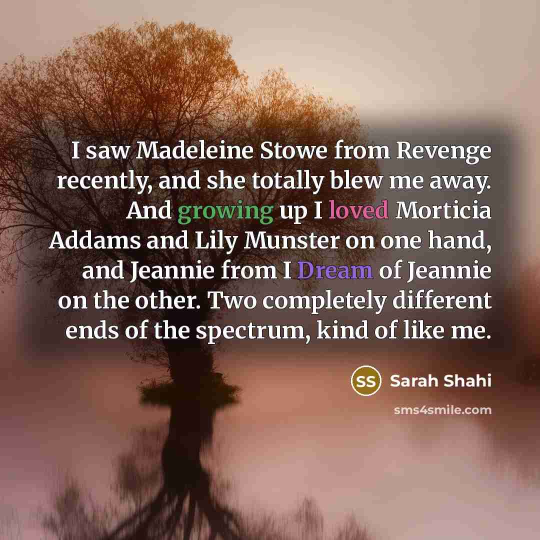 “I saw Madeleine Stowe from Revenge recently, and she totally blew me away. And growing up I loved Morticia Addams and Lily Munster on one hand, and Jeannie from I Dream of Jeannie on the other. Two completely different ends of the spectrum, kind of like me.” quote by Sarah Shahi