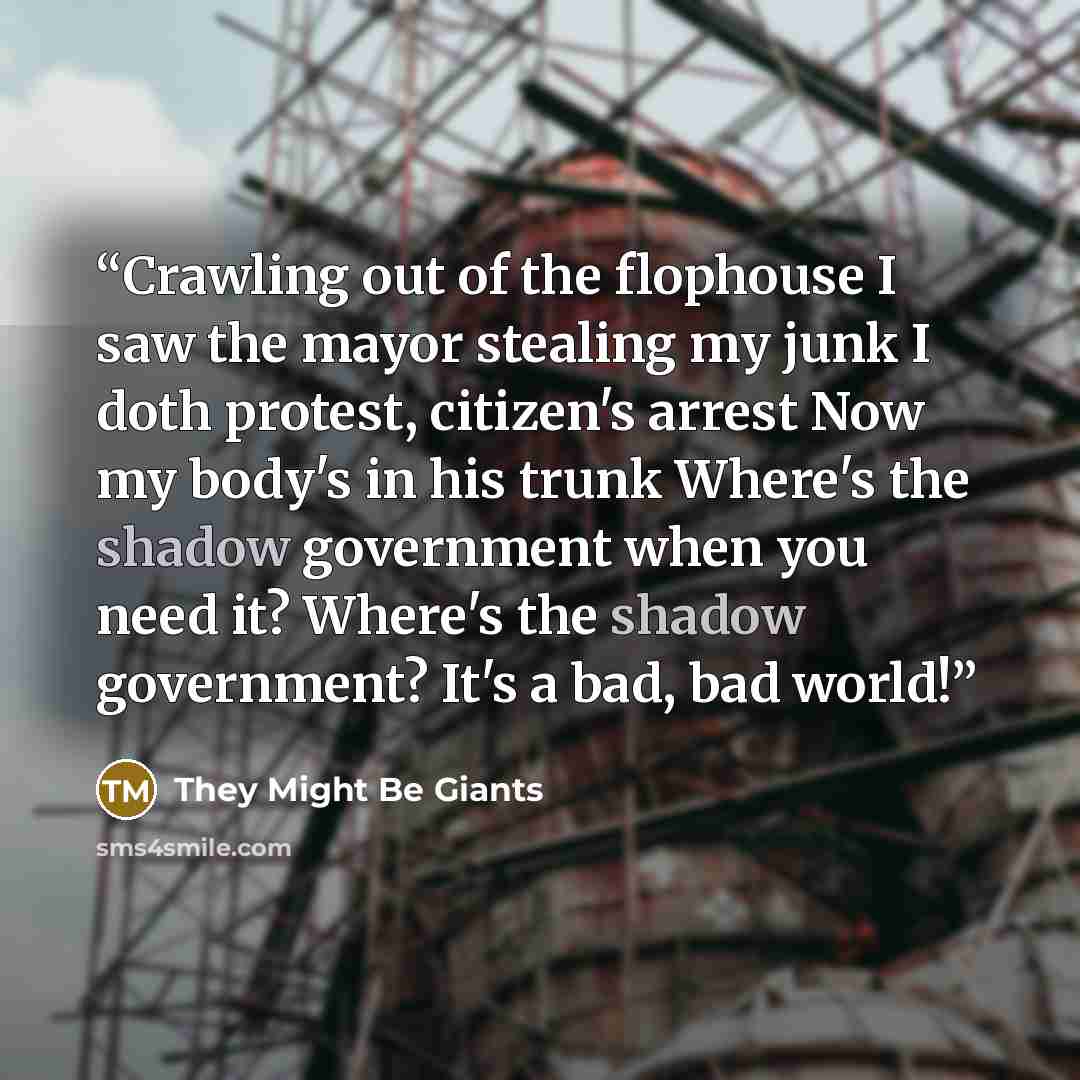 “Crawling out of the flophouse I saw the mayor stealing my junk I doth protest, citizen's arrest Now my body's in his trunk Where's the shadow government when you need it? Where's the shadow government? It's a bad, bad world!” quote by They Might Be Giants