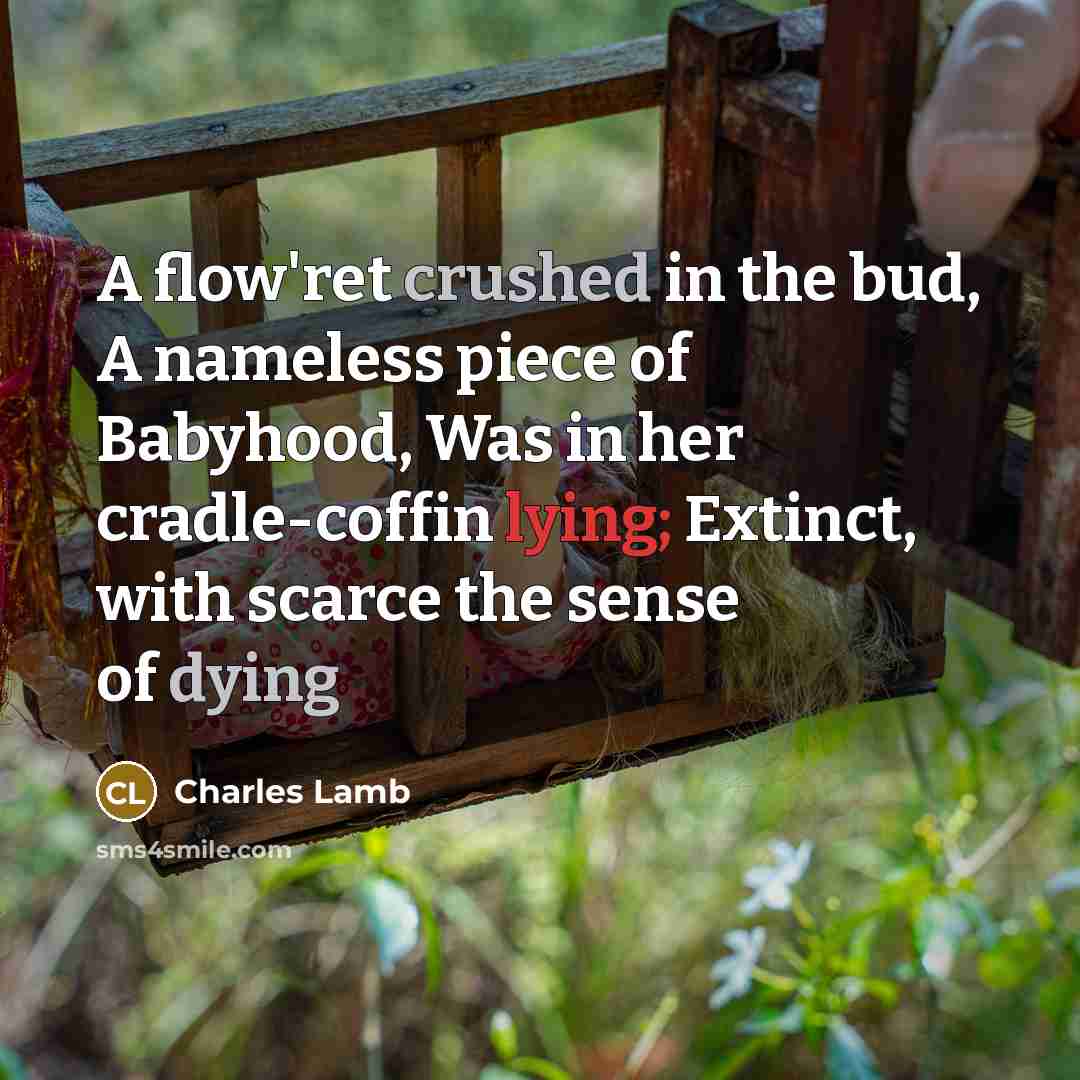 “A flow'ret crushed in the bud, A nameless piece of Babyhood, Was in her cradle-coffin lying; Extinct, with scarce the sense of dying” quote by Charles Lamb