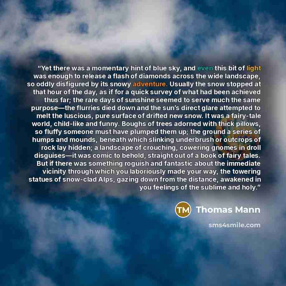 “Yet there was a momentary hint of blue sky, and even this bit of light was enough to release a flash of diamonds across the wide landscape, so oddly disfigured by its snowy adventure. Usually the snow stopped at that hour of the day, as if for a quick survey of what had been achieved thus far; the…” quote by Thomas Mann