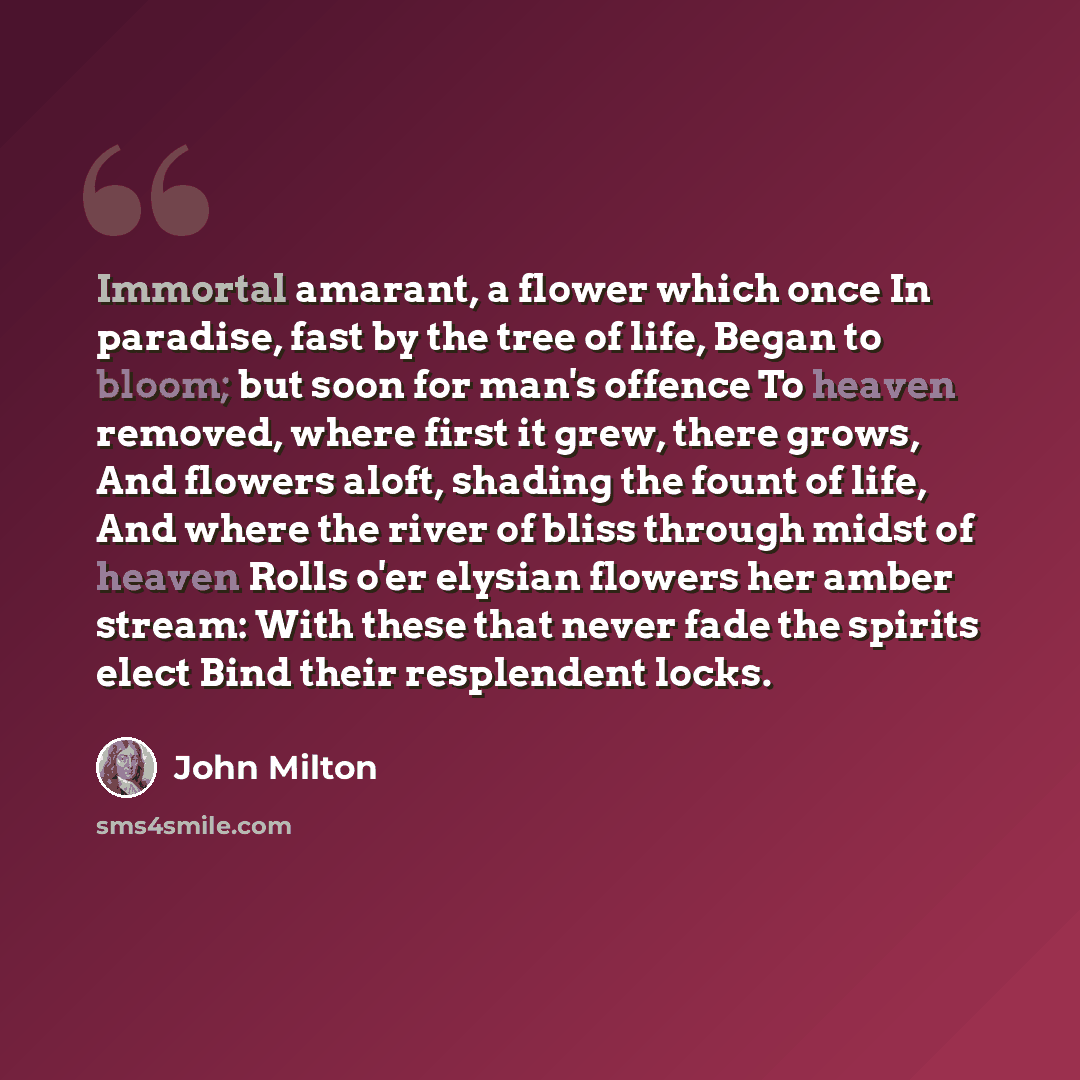 “Immortal amarant, a flower which once In paradise, fast by the tree of life, Began to bloom; but soon for man's offence To heaven removed, where first it grew, there grows, And flowers aloft, shading the fount of life, And where the river of bliss through midst of heaven Rolls o'er elysian flowers…” quote by John Milton