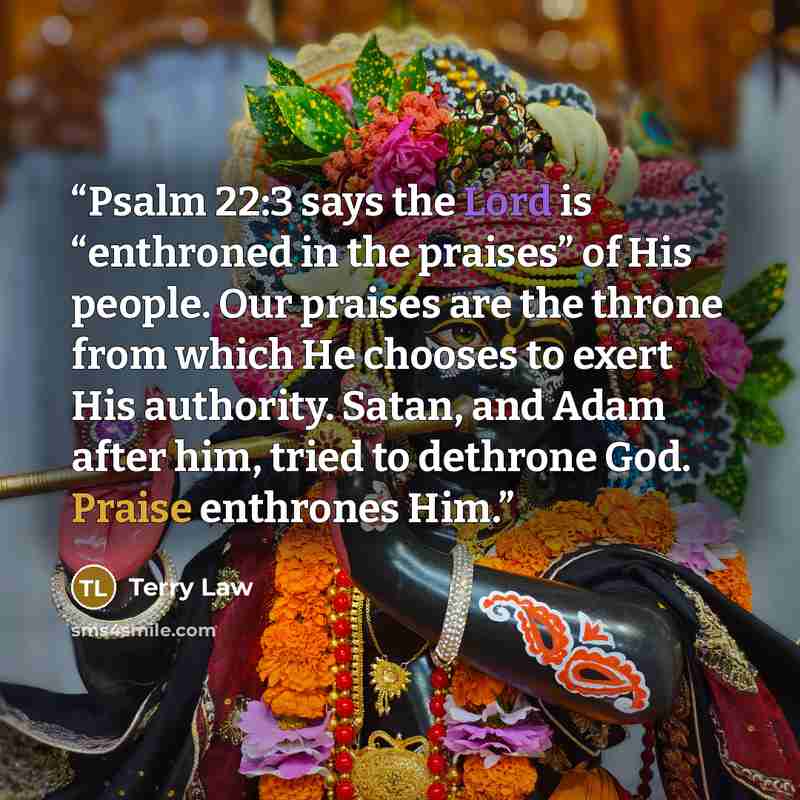 “Psalm 22:3 says the Lord is “enthroned in the praises” of His people. Our praises are the throne from which He chooses to exert His authority. Satan, and Adam after him, tried to dethrone God. Praise enthrones Him.” quote by Terry Law