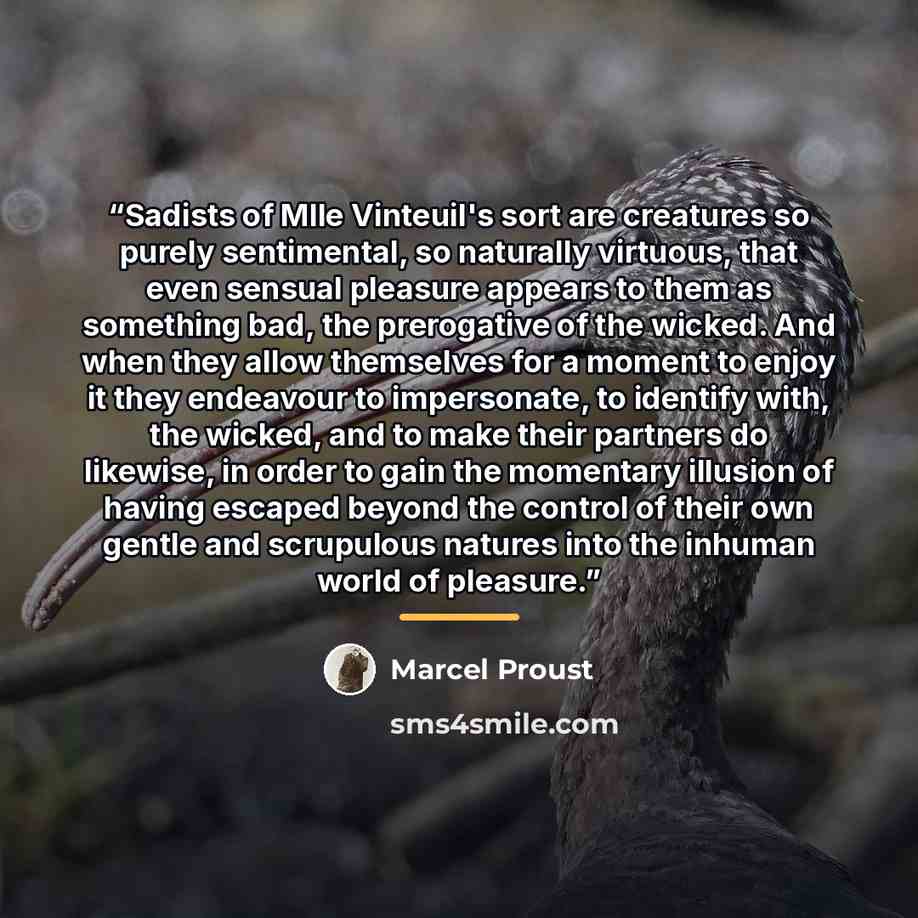 “Sadists of Mlle Vinteuil's sort are creatures so purely sentimental, so naturally virtuous, that even sensual pleasure appears to them as something bad, the prerogative of the wicked. And when they allow themselves for a moment to enjoy it they endeavour to impersonate, to identify with, the…” quote by Marcel Proust
