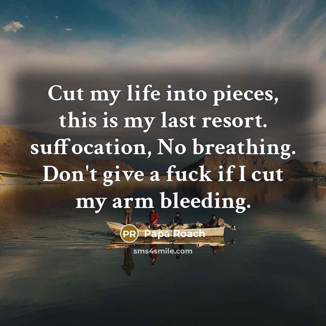 “Cut my life into pieces, this is my last resort. suffocation, No breathing. Don't give a fuck if I cut my arm bleeding.” quote by Papa Roach