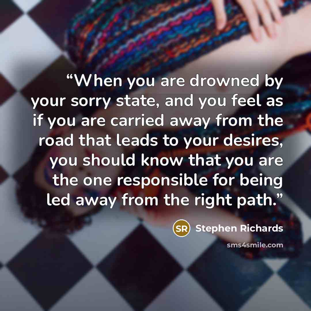 “When you are drowned by your sorry state, and you feel as if you are carried away from the road that leads to your desires, you should know that you are the one responsible for being led away from the right path.” quote by Stephen Richards