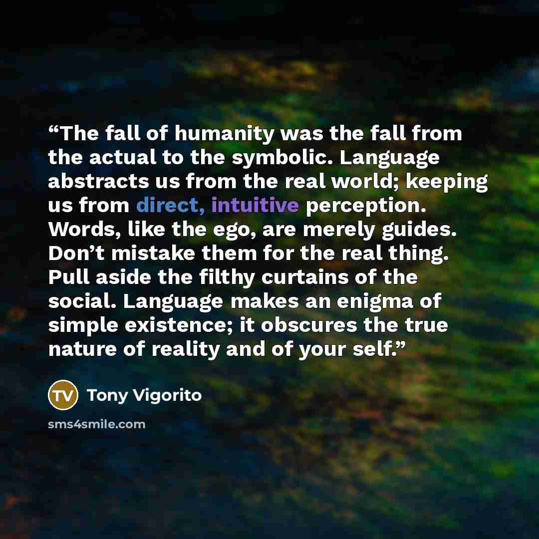“The fall of humanity was the fall from the actual to the symbolic. Language abstracts us from the real world; keeping us from direct, intuitive perception. Words, like the ego, are merely guides. Don’t mistake them for the real thing. Pull aside the filthy curtains of the social. Language makes an…” quote by Tony Vigorito