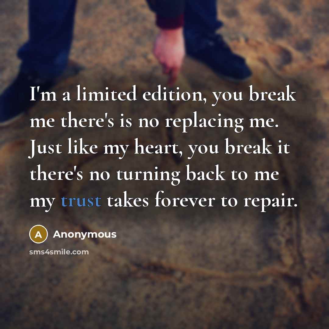 “I'm a limited edition, you break me there's is no replacing me. Just like my heart, you break it there's no turning back to me my trust takes forever to repair.” quote by Anonymous