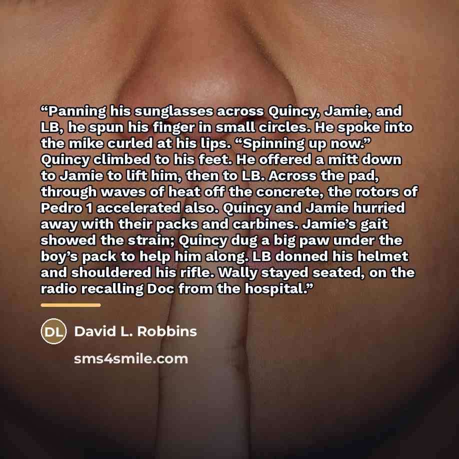 “Panning his sunglasses across Quincy, Jamie, and LB, he spun his finger in small circles. He spoke into the mike curled at his lips. “Spinning up now.” Quincy climbed to his feet. He offered a mitt down to Jamie to lift him, then to LB. Across the pad, through waves of heat off the concrete, the…” quote by David L. Robbins