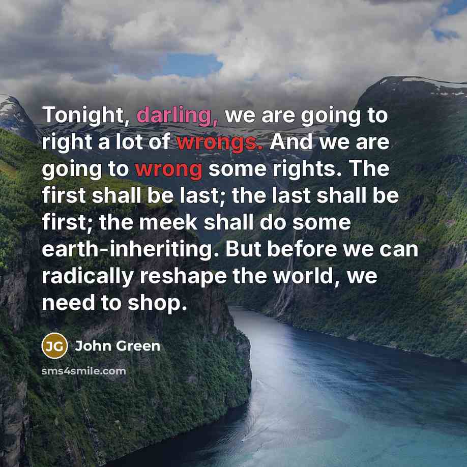 “Tonight, darling, we are going to right a lot of wrongs. And we are going to wrong some rights. The first shall be last; the last shall be first; the meek shall do some earth-inheriting. But before we can radically reshape the world, we need to shop.” quote by John Green