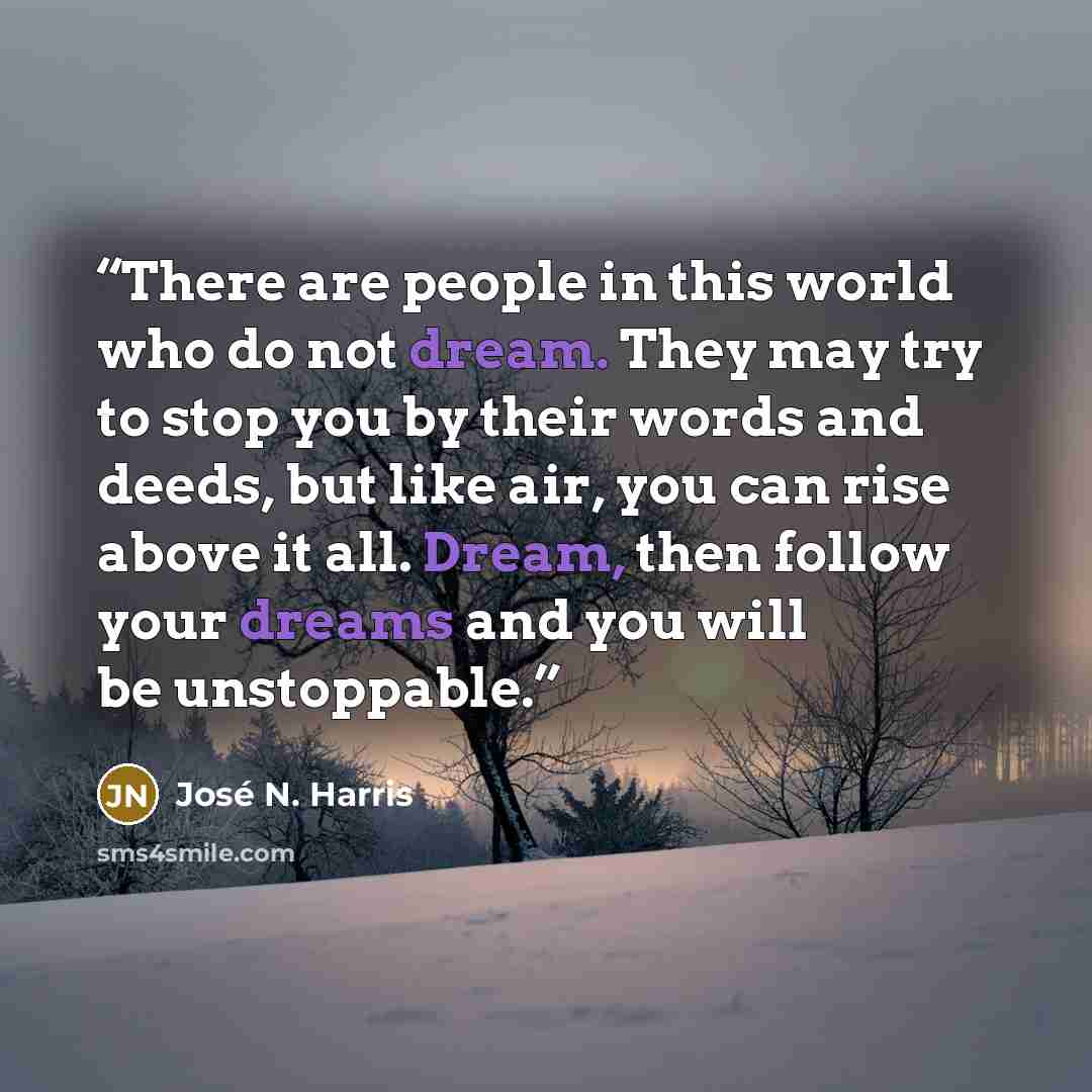 “There are people in this world who do not dream. They may try to stop you by their words and deeds, but like air, you can rise above it all. Dream, then follow your dreams and you will be unstoppable.” quote by José N. Harris